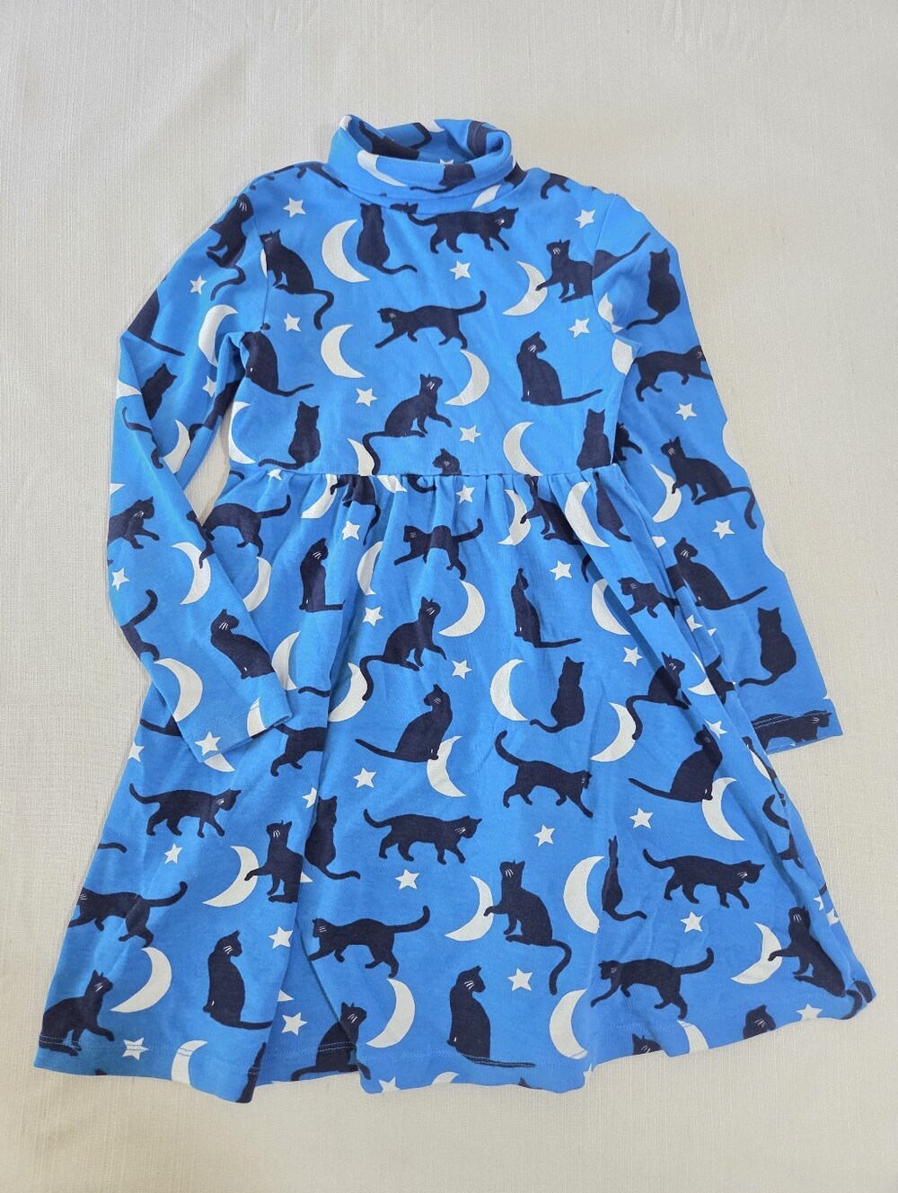 Mini Boden Blue Cat & Moon Turtleneck Dress Halloween Kids 7/8 Girls Kitty